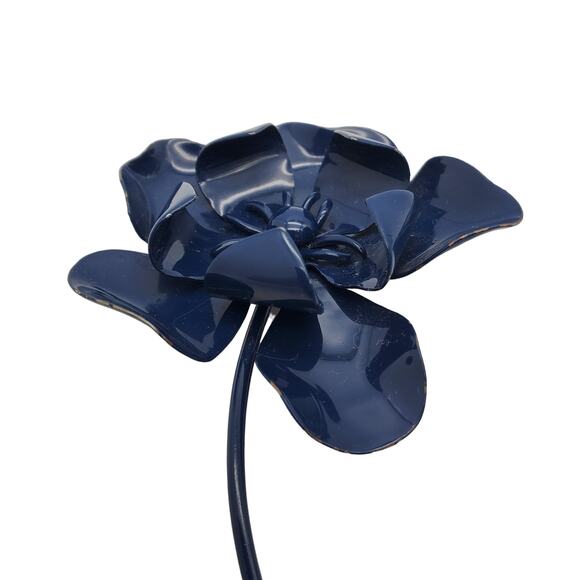 Navy Blue Flower Power Brooch Enamel Metal Pin Hippie Vintage 70s Large 3 1/2" - Picture 3 of 7